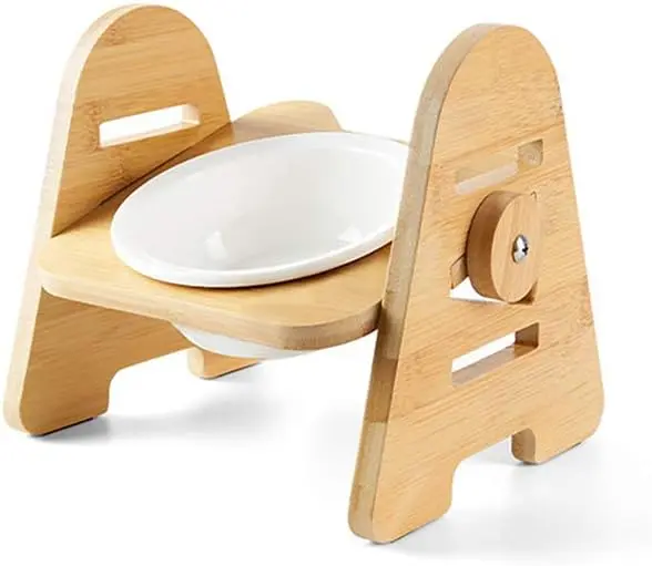 Comedero para gato plato de ceramica con soporte de madera