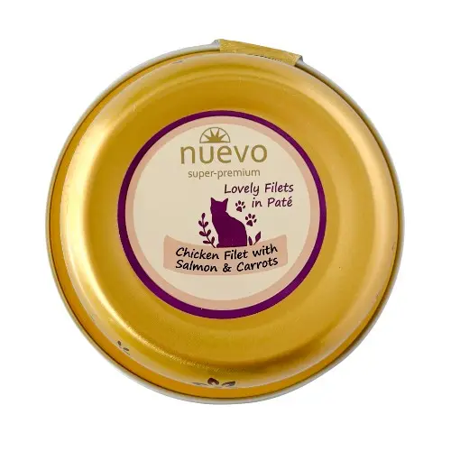 Nuevo gato adulto filete pollo con salmon y zanahoria 85 gr