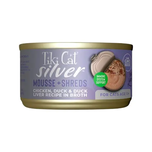 Tiki Cat silver mousse + shreds chicken, duck & duck liver recipe in broth 68 gr