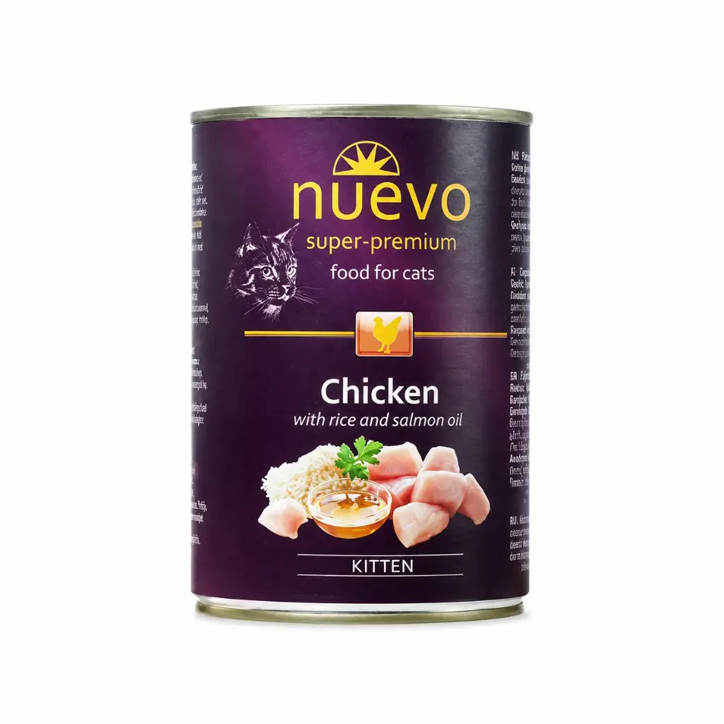 Nuevo gatito pollo con arroz & aceite de salmon