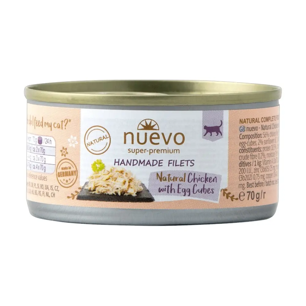 Nuevo gato adulto handmade natural filete de pollo con cubos de huevo 70 gr