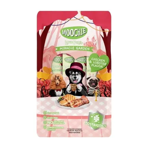 Moochie perro lickable sabor pollo con camaron 60 gr x 4 und