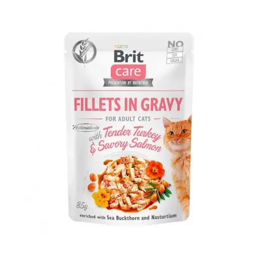 Brit care cat fillets in gravy with tender turkey & savory salmon 85 gr