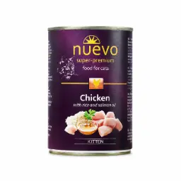 Nuevo gatito pollo con arroz & aceite de salmon