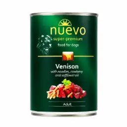 Nuevo perro adulto venado con fideos, arandanos rojos y aceite de cartamo