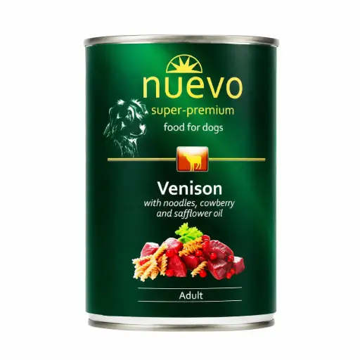 Nuevo perro adulto venado con fideos, arandanos rojos y aceite de cartamo
