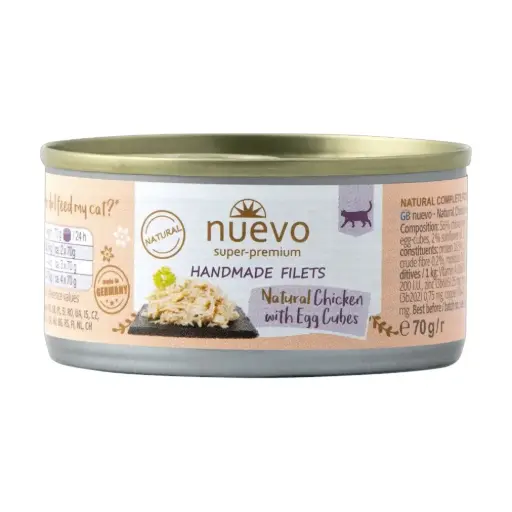 Nuevo gato adulto handmade natural filete de pollo con cubos de huevo 70 gr